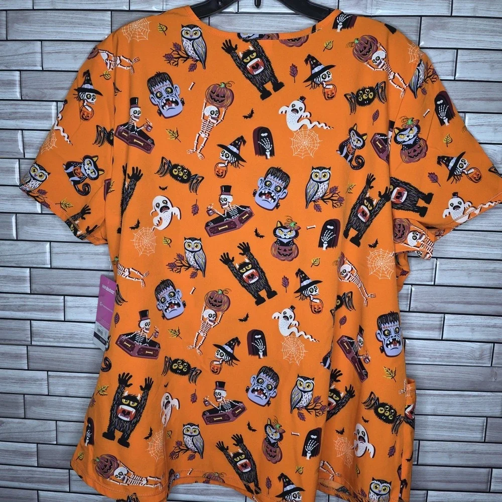 New Scrubstar Women's 2XL Orange‎ Halloween Short Sleeve V Neck Scrub Top